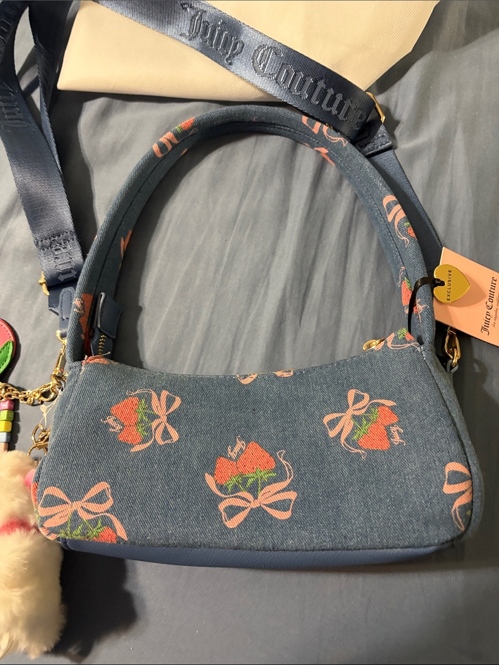 Juicy Couture Blue Denim Strawberry Bow Mini Shoulder Bag with Charms nwt nice - Picture 9 of 16
